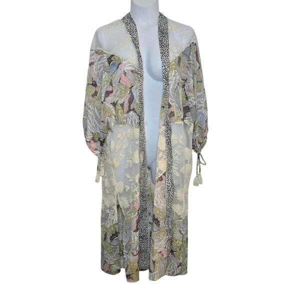 Gigio by Umgee Chiffon Floral Print Kimono Duster Cardigan Size L NWT Tassels - Picture 1 of 4